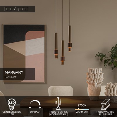 Lucide MARGARY - Hanglamp - Ø 28 cm - LED Dimb. - 3x4W 2700K - Koffie